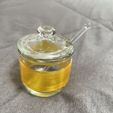 Vintage Jeanette Glass Condiment Jar w Lid & Spoon Clear Orange Banding Glass picture