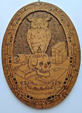 RARE Antique OWL & SKULL Art Nouveau PYROGRAPHY Plaque 