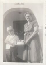 BIRTHDAY BOY WITH GRANDMA 1950's Cake FOUND PHOTO bw Original Snapshot 97 10 picture