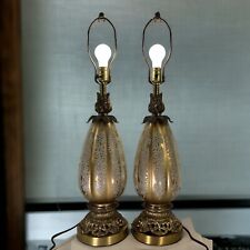 Vintage Hollywood Regency Egg Oval base Cream Gold Glass Texture Table Lamp Pair picture