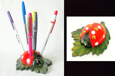 CARVED PAINTED WOOD LADYBUG PEN HOLDER Desktop - from Romania Vintage 1980s picture