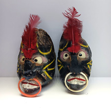 Pair of Ugly Vintage Hanging Carved Real Coconut Native Warriors Head Hawaiian picture