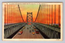 Camden NJ-New Jersey, Sunset on Delaware River Bridge, Vintage c1941 Postcard picture