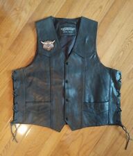 Unik black leather Harley Davidson lined snap front Vest eagle patches, Preowned picture