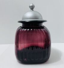 Vintage Artland Cranberry Purple Ribbed Glass Kitchen Canister Jar w Lid 10