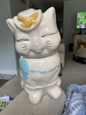 1940s Shawnee Puss N Boots Kitty Cat Cookie Jar Ceramic Smiling Cat Blue Ribbon picture