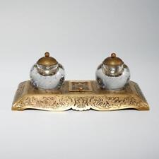Antq. Victorian Etched Brass Inkwell Stand with Controlled Bubble Wells picture