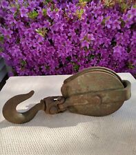 Antique Vintage Large Cast Iron Pulley W/ Hook Primitive Barn Tool Pulley Spins picture