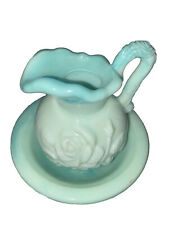 Vintage Avon Aqua Pitcher and Bowl Victorian Rose Jade Green Glass picture