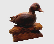 Folk Art Carved Hardwood Duck Perched On Log Scuplture - Glass Eyes picture
