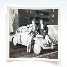 Real Vintage 1950s Volkswagen Beetle Bug Photograph Two Women VW B&W Photo picture