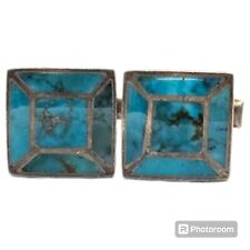 INCREDIBLE VINTAGE NAVAJO TURQUOISE MOUNTAIN STERLING SILVER CUFFLINKS picture