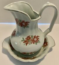 Vintage Ceramic Pitcher And Bowl Set Poinsettia- Decorative- Decor-8 1/2” picture
