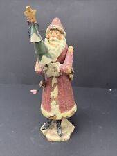 Folk Art Rustic Santa Claus Figurine Bobble Spring Christmas Holiday Glitter 9” picture