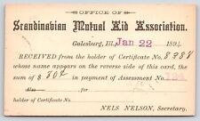 Galesburg Illinois~Scandinavian Mutual Aid Assn~80c~Nels Nelson Sec~1894 Postal picture