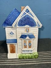 Vintage Decorative Ceramic Cookie Jar Canister Blue Roof House Kitchen  picture