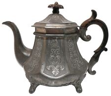 EARLY-MID 19TH C JAMES DIXON & SONS PEWTER TEAPOT W/PAINTED WOOD HANDLE/LID PULL picture