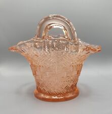 Vintage Dugan Peach Pink Depression Glass 2 Handled Woven Pattern Glass Basket  picture