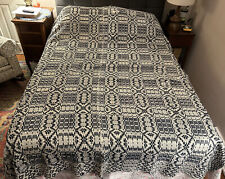 Antique Mid-1800s Jacquard Coverlet or Blanket Hand Loomed in Indigo Blue Wool picture