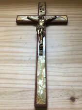 VTG 1930s Wooden Crucifix Brass Jesus Cross Pearloid Mother Of Pearl Inlay 18