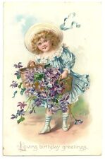 1900s Postcard Rafael Tuck's Antique Birthday Greetings Girl Basket Flower VTG picture