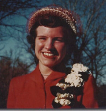 4S Photograph 1961 Close Up Portrait Pretty Woman Red Dress Corsage Big Smile picture