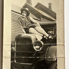 Vintage B&W Snapshot Photograph Beautiful Young Woman On Ford Hood Rochester NY picture