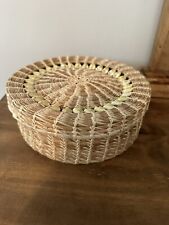 VTG Woven Grass & Cowrie Shell Storage Basket w/ Lid 9”D picture