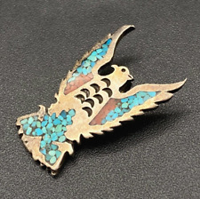 Vintage Southwestern Thunderbird Turquoise Coral Inlay Silver Pendant picture