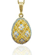 Fine Russian Jewelry Gold P Filigree Style Blue Enamel Flower Egg Pendant w Box picture