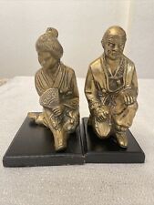 VTG Asian couple In Ceremony Positions With gold color brass metal on wood base picture