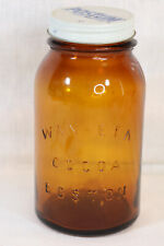 Vintage Wan-Eta Boston Cocoa Postum lid Quart amber glass jar #15 7.5
