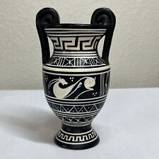 Vintage Hand Made In Greece Painted Greek Clay Pottery Mini Vase 5” Black White picture