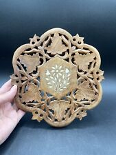 Vintage India Hand Carved Wood and Flower Inlay Footed Trivet picture
