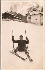 Vintage European SKIING Photo RPPC Postcard Happy Smiling Man Sitting on Butt picture
