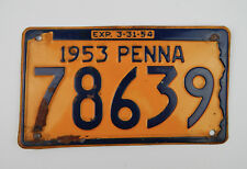 Vintage 1953 Pennsylvania License plate 78639 State Shaped Keystone Penna PA picture