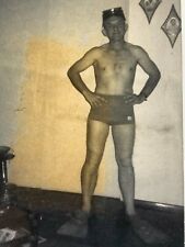 E8 Photograph Handsome Hunky Middle Aged Man Fins Mask Bathing Suit Indoors Odd picture