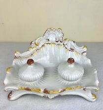 Antique Victorian White Double Inkwell Signed Hand Painted Made In Italy 8