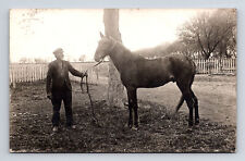 RPPC Older Man and Horse at Country Farm Real Photo Postcard picture