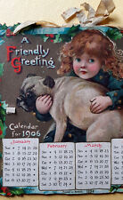 VINTAGE 1906 CHRISTMAS GREETING CARD CALENDAR VICTORIAN GIRLS AND DOGS  MUST SEE picture