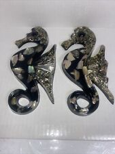Vintage MCM Resin Abalone Seahorses Shells Black Background Two piece set picture
