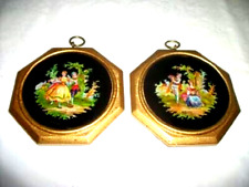 ANTIQUE EGLOMISE PLAQUES REVERSE PAINTED GLASS FRENCH ROMANTIC COUPLES SMALL picture