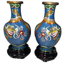 Vintage Chinese Miniature Cloisonne Enamel Baluster Vases Double Dragon 5 Claws picture