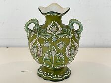 Vintage Possibly Antique Green & Pink Moriage Handled Miniature Vase picture