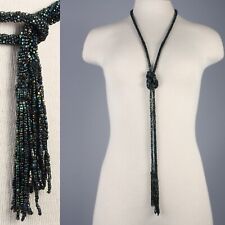 Vintage 20s Art Deco Antique Sautoir Blk Iridescent Beaded Tassel Long Necklace picture