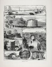 China Guangzhou Canton 8 Views of City, Zhenhai Tower Large 1880s Antique Print picture