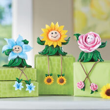 Set of 3 Adorable Anthropomorphic Flower Shelf Sitter Figurine Spring Home Decor picture