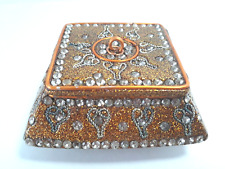 Pier 1 Vtg Jewelry Trinket Box India Ornate Copper Rhinestone Handmade Hearts picture