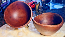 Vintage Bohemian Primitive Arist Teak Wooden Thick Hand Crafted Bowls Set of 2 picture