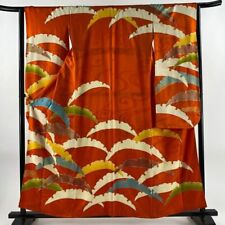 62inc Japanese Kimono SILK FURISODE Snow grass Qinghai wave Orange picture